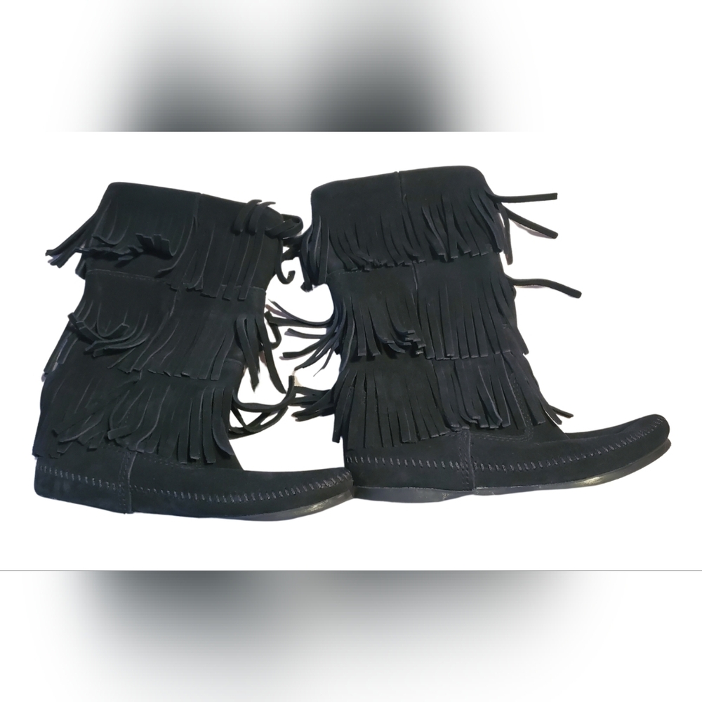 Minnetonka Black Moccasin Mid-calf Fringe Boho Suede Boots Sz 7 Festival Wear